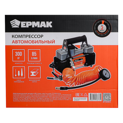 ЕРМАК Компрессор автомоб, крокодилы к АКБ, 2-х поршн, шланг 5м, в сумке, 12V, 300W, 85л/м