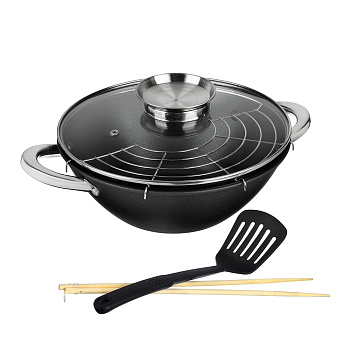 SATOSHI Казан чугун,30см,4,4л,антипр.покр,решетка,стекл.крыш,нейлон.лопатка,бамб.палочки,индукция