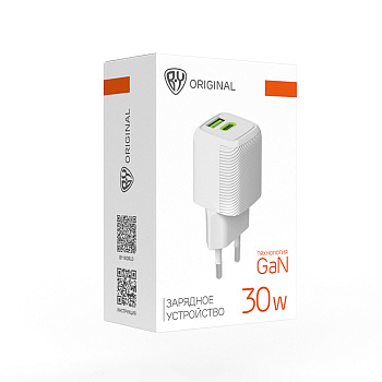 BY Сетевое зарядное устройство MINI 30Вт GaN,USB-C, USB-A, QC,PD,PPS,110-240В,50-60Гц,пластик,белый