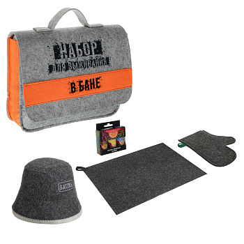 Набор для бани в портфеле "Для выживания в бане" (шапка, рукавица, коврик, масла)