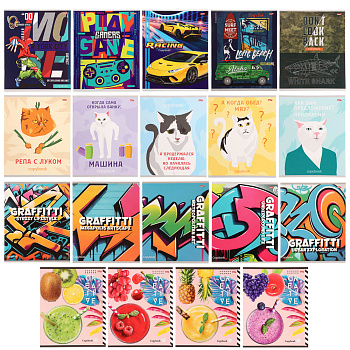 Тетрадь 48л., А5, в клетку, офсет, обл. мел.картон, скрепка, ВД-лак, микс