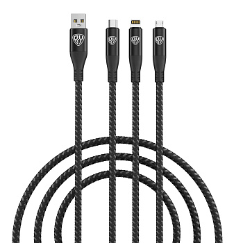 Рыжий Кабель для зарядки 3в1, iP/Micro USB/Type-C, 1.5м, 2.4А, тканевая оплётка, серый