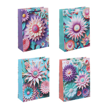 Пакет подарочный бумажный, M 18x24x7 см, цветочный узор, 128 гр, 4 дизайна