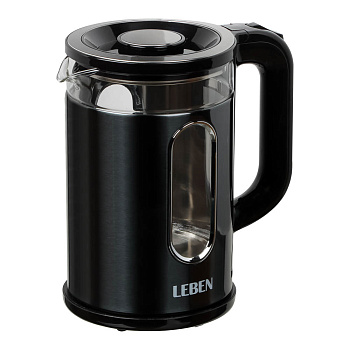 LEBEN Чайник электрический 1,8л, 1500Вт, стеклянная колба, металл, пластик, серый
