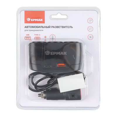 ЕРМАК Разветвитель прикуривателя, 3 выхода +1 USB, 60 W, 2.1А,12/24В, пластик
