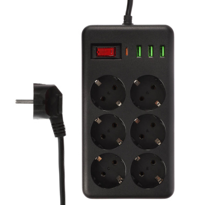 Удлинитель, сетевой фильтр 6 гнезд 3м BY Black, 3*USB, 1*type-C,выкл., 2500Вт,чёрный