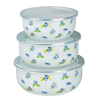 Набор эмалированных салатников с крышками, 6пр. (14/16/18см, 0,7/1,1/1,4л) "Голубика"