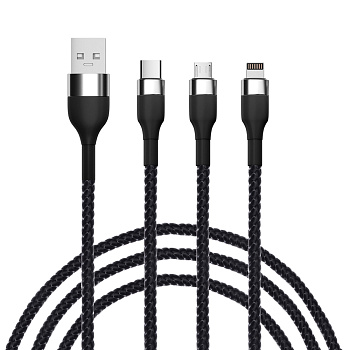 Кабель для зарядки 3в1 iP/microUSB/Type-C BY, 1.5м, 2.1А, тканевая оплётка, металлик, черный