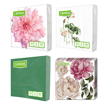 Салфетки бумажные Gratias Лотос/Георгин/Пионы/Зеленый, 3сл, 33см, 20л