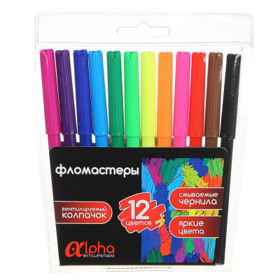 Фломастеры 12цв. ClipStudio Альфа с цв.вент.колпачком, большие, смываемые, пластик, ПРЕМИУМ