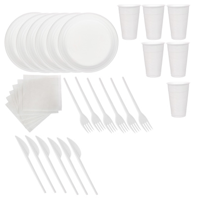 Набор на 6 персон окрашенный тм VIP (тарелка 205 мм; стакан 200 мл; вилка; нож; салфетка) полистирол