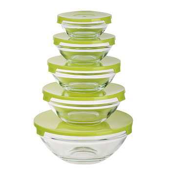MILLIMI Набор салатников с крышкой 5 шт: 900/ 500/350/200/130 мл, стекло, пластик, оливковый
