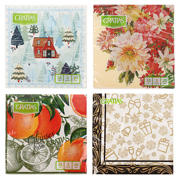 Салфетки бумажные Gratias 3 слоя, 33 см, 4 дизайна, 20шт.