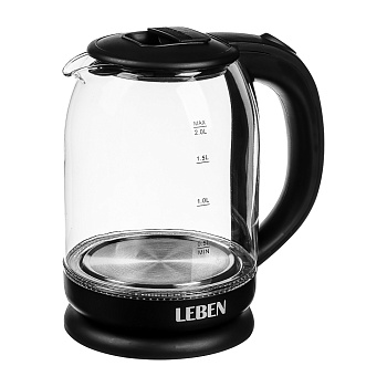 LEBEN Чайник электрический, 2 л, 1500 Вт, c LED подсветкой, стекло, черный