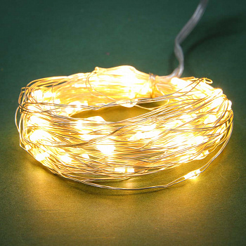 СНОУ БУМ Гирлянда эл. нить росы медь, 10м, 100LED, шампань, 8 реж, 3хАА, пульт