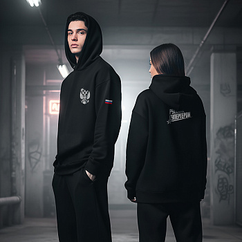 Худи черная с принтом РУССКИЕ СУПЕРГЕРОИ, футер с начёсом, размер М