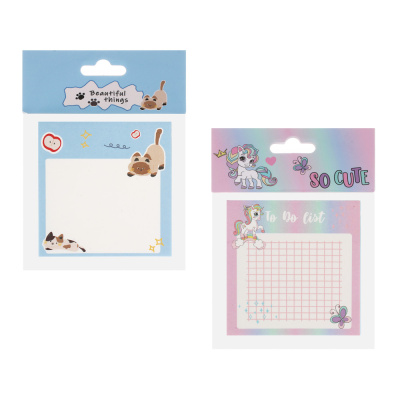 Бумага для заметок клейкая 8х8см, 100л, 80г, "Единорожка/Котики", 2 дизайна