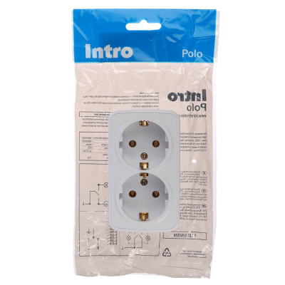 Розетка двойная открытой установки с заз. Intro Polo/Quadro 2х2P+E Schuko 16А-250В, IP20, белая