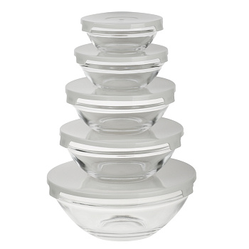 MILLIMI Набор салатников с крышкой 5 шт: 900/ 500/350/200/130 мл, стекло, пластик,  серый