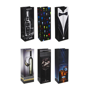 Пакет подарочный бумажный тм LADECOR, 12x9x35 см, для бутылок арт 1, 6 дизайнов