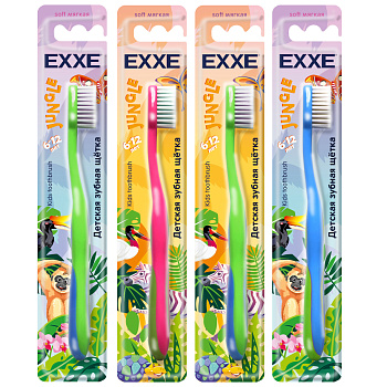 Зубная щетка детская EXXE серия Джунгли, 6-12 лет, мягкая, 1шт