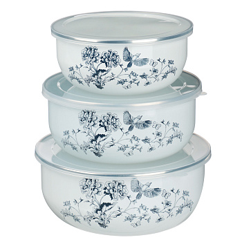 Набор эмалированных салатников с крышками, 6 пр. (14/16/18см, 0,7/1,1/1,4л) "Флорал"