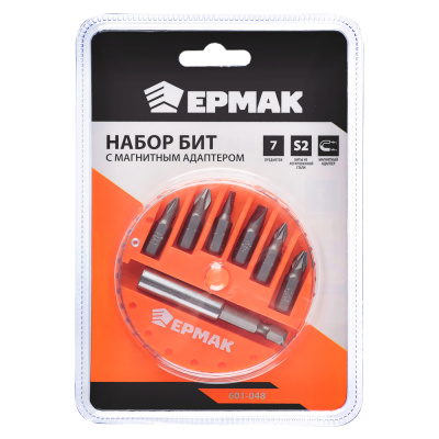 ЕРМАК Биты для шуруповерта, набор 7шт.,магнитный адаптер для бит, биты 25 мм, пластиковый кейс