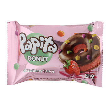 Кекс "PAPITA DONUT" с какао глазурью и цветным драже, начинка шоколад/клубника 40гр
