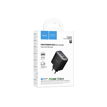 Сетевое зарядное устройство hoco. модель C160A, PD 65Вт, 2xType-C + USB-A, EU вилка