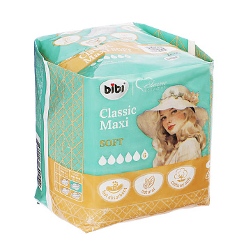 Прокладки гигиенические BiBi Classic Maxi Soft ночные, 6 капель, п/э,8 шт