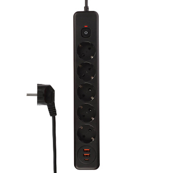Удлинитель, сетевой фильтр 5 гнезд 3м BY Black, 2*USB, 1*type-C,выкл., 2500Вт, чёрный