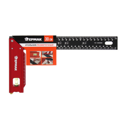 Угольник разметочный 30см тм ЕРМАК, с отверстиями для разметки(интервал 5мм) и пузырьковым уровнем