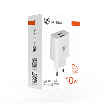 BY Сетевое зарядное устройство Double 10Вт, 2xUSB, 2А, 5В,110-240В, 50-60Гц, пластик белый