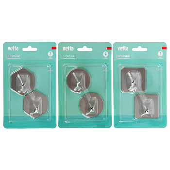 Крючки самоклеящиеся тм VETTA, 4,5x4,5см, нерж.сталь 201, 3 дизайна, 2шт