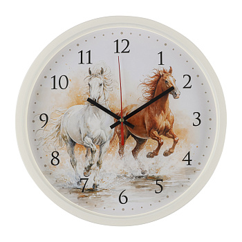Часы настенные круг d=30см, корпус белый, "Лошади"