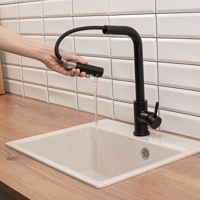 СоюзКран Смеситель для кухни, высокий выдвижной излив, картридж 35мм, черный, нерж. сталь, SS01-D132