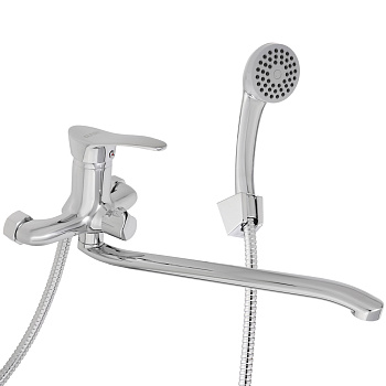 RAIN Смеситель для ванны Мира, изогнутый излив 35см, душ. набор, картридж 35мм, латунь, хром