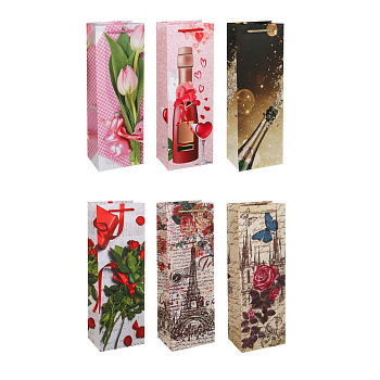 Пакет подарочный бумажный тм LADECOR, 12x9x35 см, для бутылок арт 2, 6 дизайнов