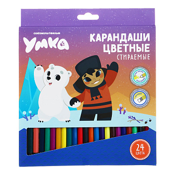 Умка Карандаши 24 цвета стираемые с ластиком, шестигранные, мягкое письмо, пластик