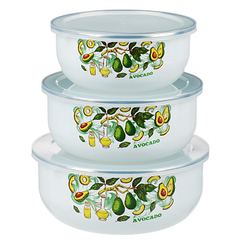 Набор эмалированных салатников с крышками, 6 пр. (14/16/18см, 0,7/1,1/1,4л) "Авокадо"