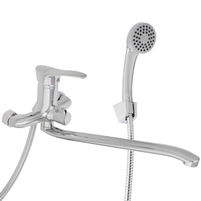 RAIN Смеситель для ванны Мира, изогнутый излив 35см, душ. набор, картридж 35мм, латунь, хром