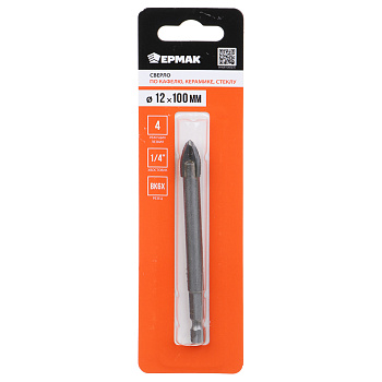 ЕРМАК Сверло по кафелю, керамике, стеклу, с четырьмя режущими лезвиями, шестигранный хвостовик, 12мм