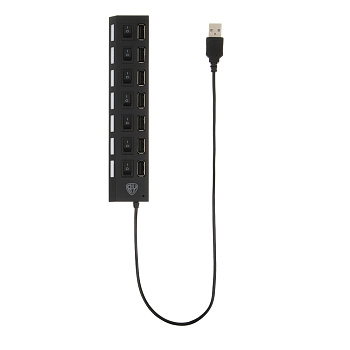USB-хаб 7xUSB2.0 BY с выключателями, кабель USB(A) 15см, пластик, чёрный