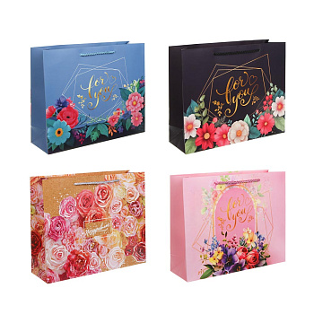 Пакет подарочный бумажный тм LADECOR L 32x26x10 см, "Цветы" арт 1, 4 дизайна