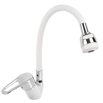 СоюзКран Смеситель для кухни, гибкий излив, керам. картридж 40мм, белый/хром, цинк, SK01-F125