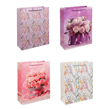 Пакет подарочный бумажный тм LADECOR, L 26x32x10 см, "Цветы" арт 2, 4 дизайна