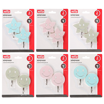 VETTA Набор крючков самоклеящихся, 2шт, акрил, металл, "Настроение", 2 диз, 3 цвета