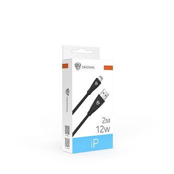 Кабель для зарядки USB(A)-iP BY Nylon Pro, 12Вт, 2 м, 2.4A, нейлон, черный