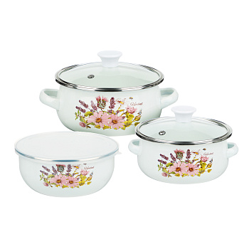 Набор мини-кастрюли 2шт.+салатник 1шт., с крышками, 6 пр (14/16/+14см, 0,7/1,1+0,7л) "Ботаника"