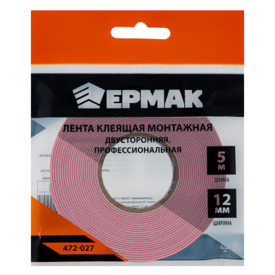 ЕРМАК Лента клеящая монтажная 2-х сторонняя, профессиональная, 12мм x 5м